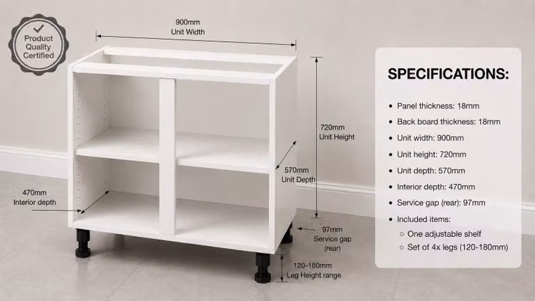 Cheap Furniture Warehouse White Matt Minimalist Kitchen Base Unit with Internal Shelves, W/D/H: 90.0 x 57.0 x 72.0 cm