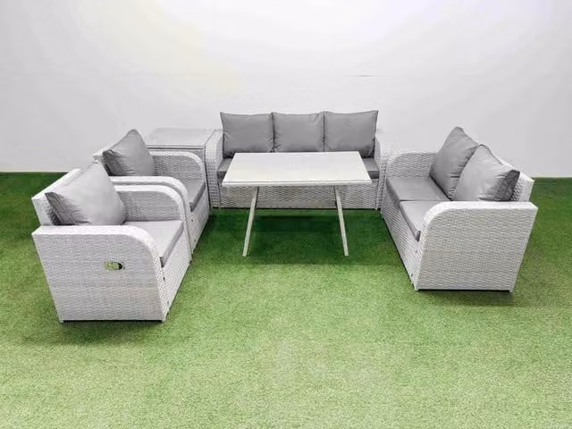 Fimous Outdoor Garden Furniture Set in Light Grey with 3-Seater Sofa, Reclining Armchair, Coffee Table and Upholstered Cushions