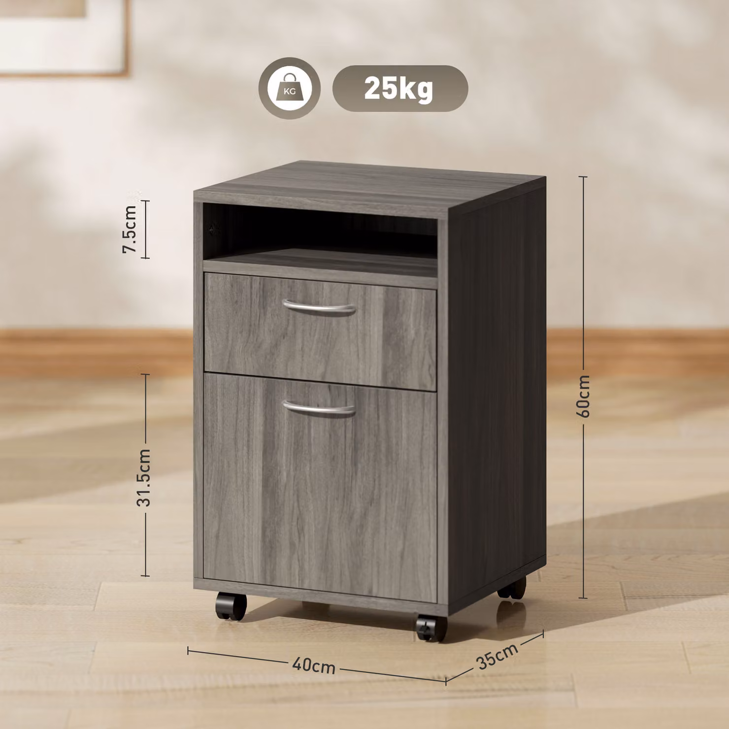 HOMCOM Grey Mobile Filing Cabinet and Office Organiser with Drawer, Open Shelf and 4 Wheels – 3