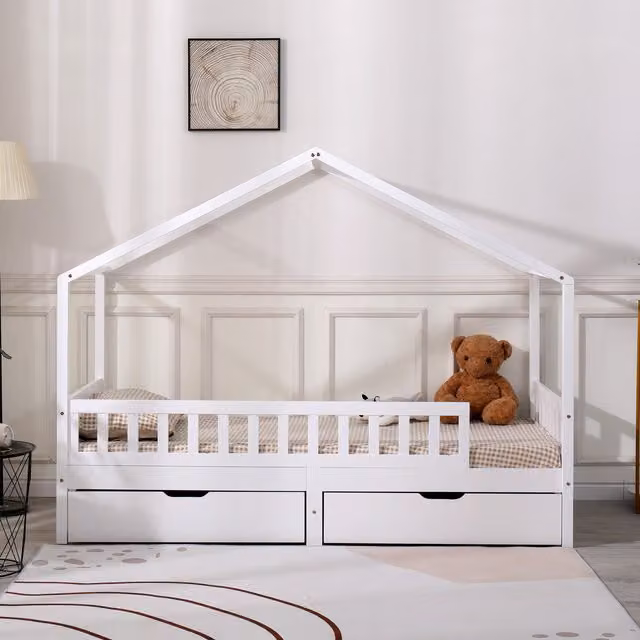 HMD Furniture Solid Wood Bed Frame with 2 Drawers in White, 90 x 190 cm