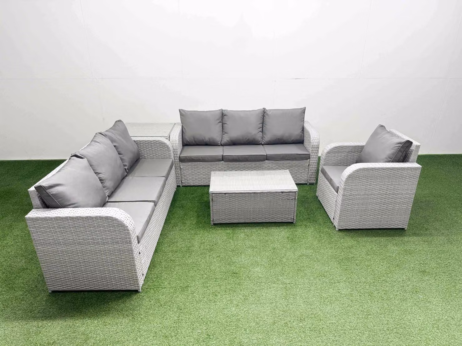 Fimous 7 Seater Poly Rattan Garden Furniture Set in Light Grey with 3 Seater Sofa, 3 Reclining Chairs, and Side Table – 2