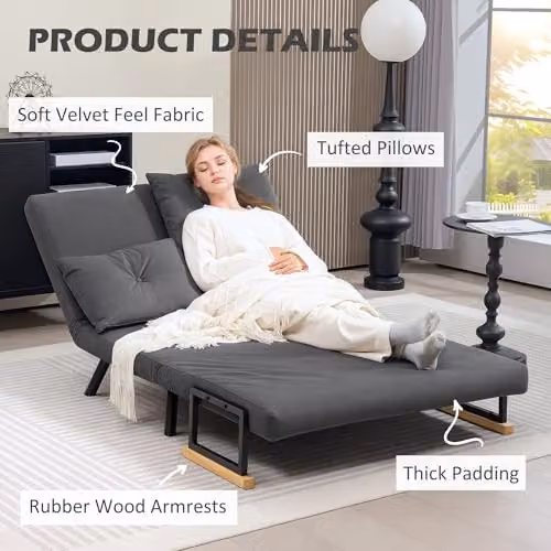 HOMCOM 2 Seater Click Clack Sofa Bed in Grey Velvet Fabric with Metal Frame and Scatter Cushions, W/D/H: 140 x 190 x 73 cm – 6