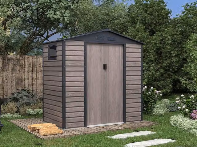 Vente-unique Grey Wood Effect Galvanised Steel Garden Shed with Window and Double Doors, W/D/H: 170 x 117 x 213 cm – 1