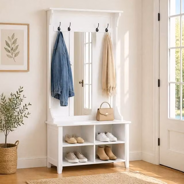 STILVORA Modern Hallway Storage Unit with Mirror, Bench and Shoe Rack in White Matt – 1