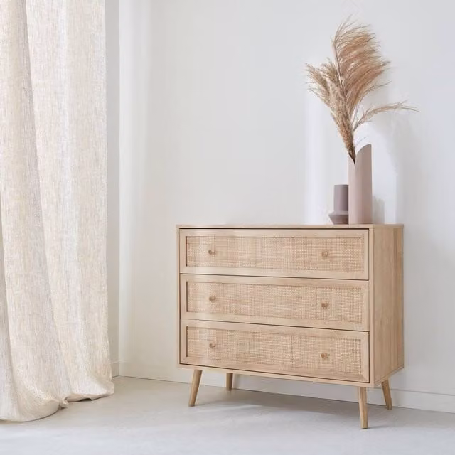 Sweek 3-Drawer Scandinavian Style Chest with Wood and Rattan Effect in Brown