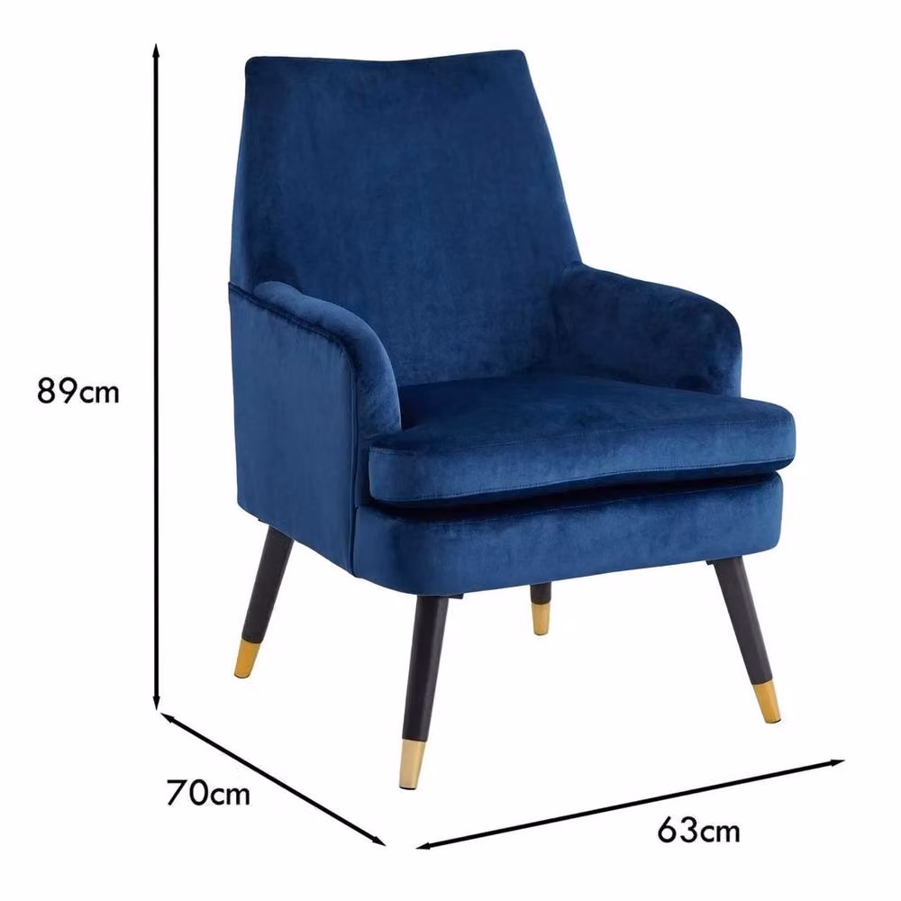 Havendro Blue Velvet Padded Accent Armchair with Gold Tips – 2