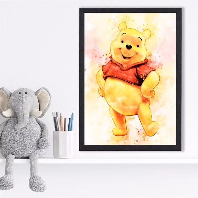 ARTZE Winnie the Pooh Watercolour Art Print with Black Frame, Yellow and Multicolour, A2 – 1