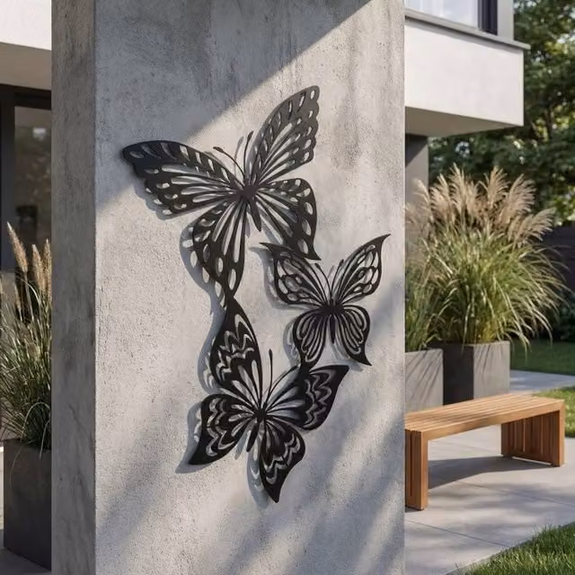 Garden Greatness Triple Metal Butterfly Mural Garden Wall Art in Black, 3 Pack