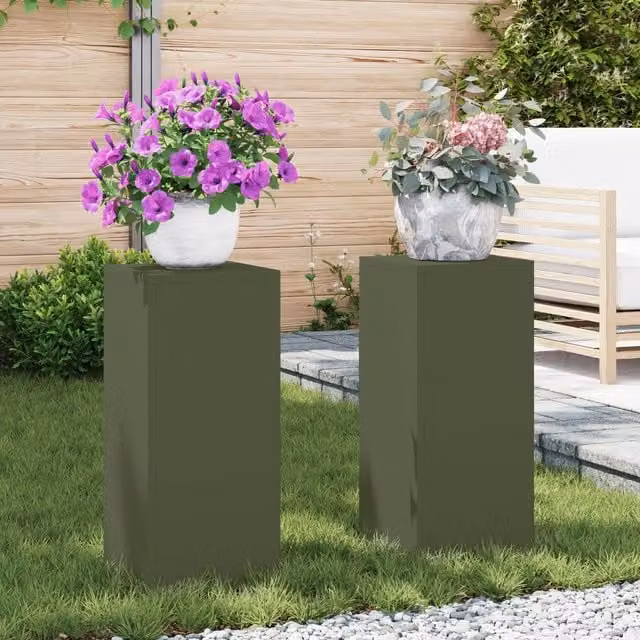 Berkfield Home Outdoor Pillar Plant Stands, 2 Piece Set, Olive Green Metal, W/D/H: 24 x 24 x 55 cm – 1