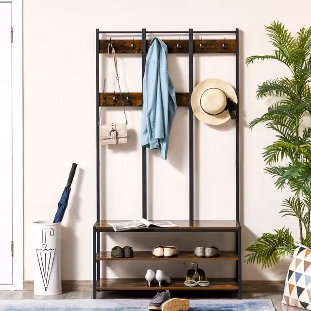 HOMCOM Industrial Hall Tree with Shoe Bench and Coat Rack in Brown and Black