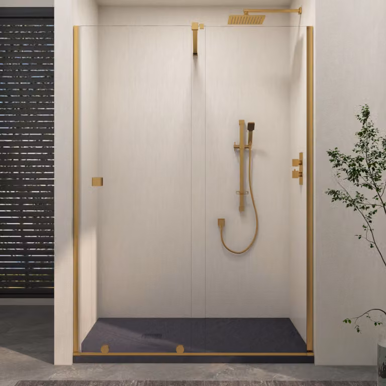 Royal Bathrooms Luton Recessed Sliding Shower Screen with Grey Slate Effect Mineral Cast Stone Shower Tray, Brushed Brass, W: 170 cm, D: 70 cm, H: 195 cm