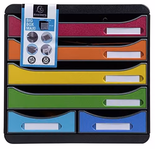 Exacompta BIG-BOX MAXI Harlequin Document Box with 4 A4+ Drawers and 2 Small Utensil Drawers, Multicolour, W: 27.8 cm, D: 34.7 cm, H: 27.1 cm