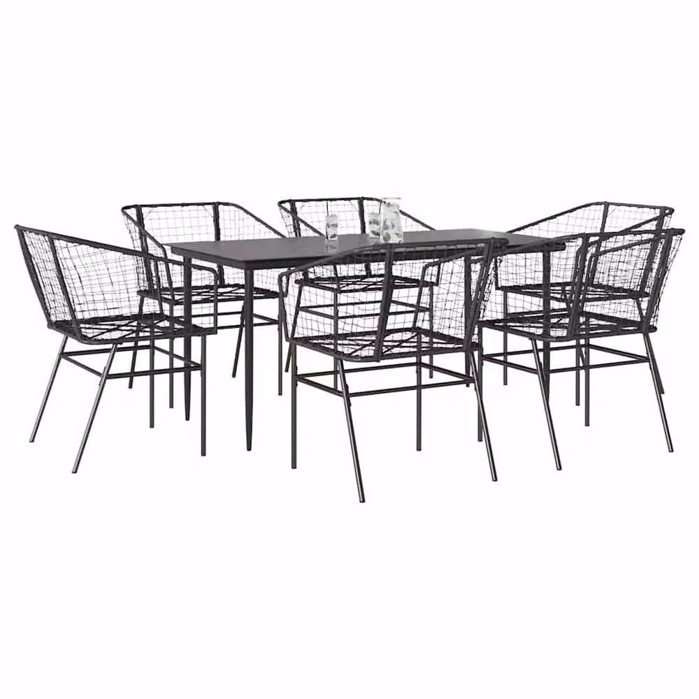Berkfield Home Beautiful 7 Piece Black Poly Rattan Garden Dining Set with Glass Top