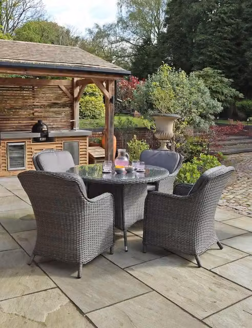 Royalcraft Paris Grey Rattan 4 Seater Dining Set with Round Glass Top and Powder Coated Aluminium Frame