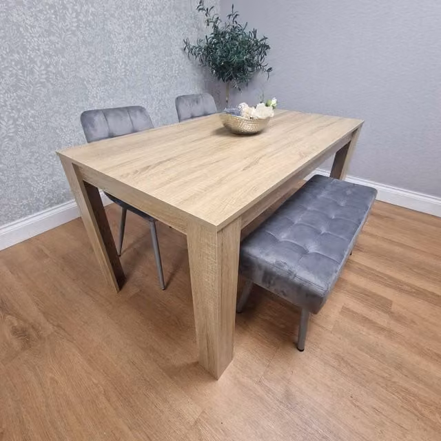 Kosy Koala Modern Rectangular Dining Set with Oak Table, 2 Velvet Chairs and 1 Bench in Grey and Beige, Width: 117 cm