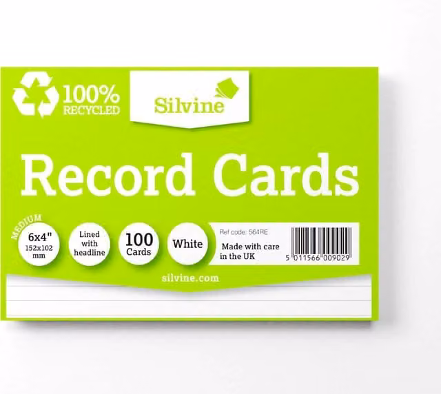 Silvine Lined A6 White Recycled Paper Flash Cards, Pack of 100