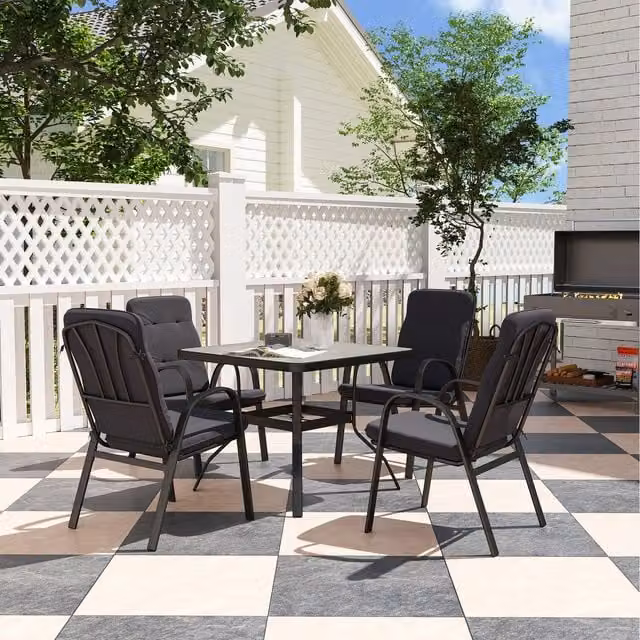 Outsunny Modern Black Glass Garden Dining Set with Umbrella Hole