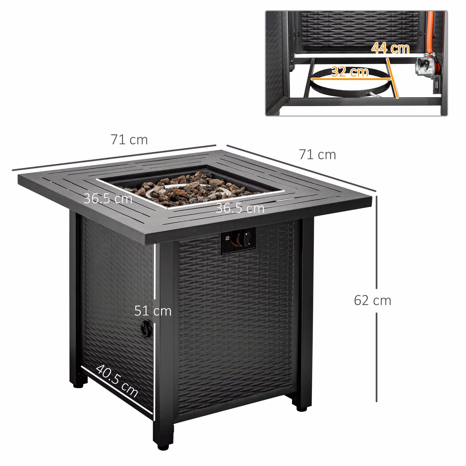 OUTSUNNY Black Rattan Outdoor Propane Gas Fire Pit Table with Rain Cover, W/D/H: 71 x 62 x 71 cm – 3
