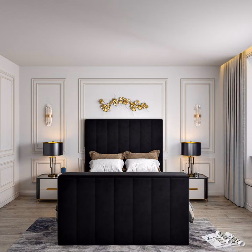 KDMD Ardingly Bespoke Single TV Bed Frame in Black Upholstered Soft Velvet, W: 90 cm, L: 200 cm – 6
