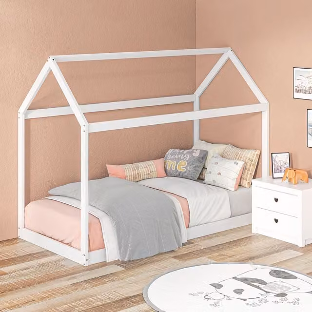 HOMCOM Single Wooden Tree House Style Bed Frame in White