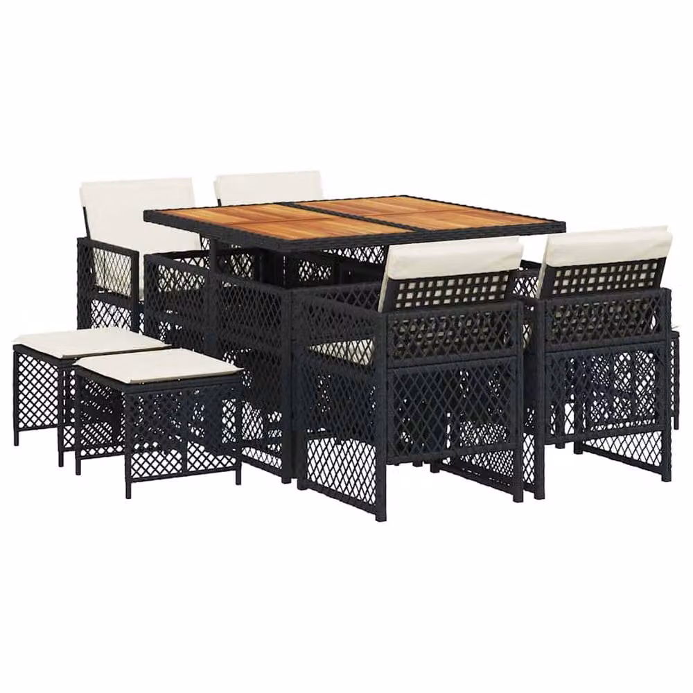 Berkfield Home 9 Piece Black Poly Rattan Garden Dining Set with Acacia Wood Accents – 2