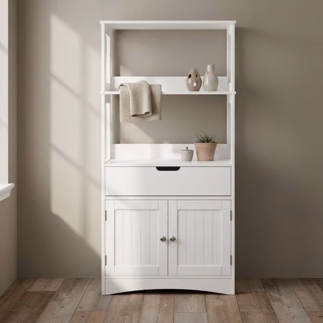 Wyld Haus Disarike White Freestanding Lacquered MDF Storage Cabinet with Hinged Doors and Internal Shelves – 1