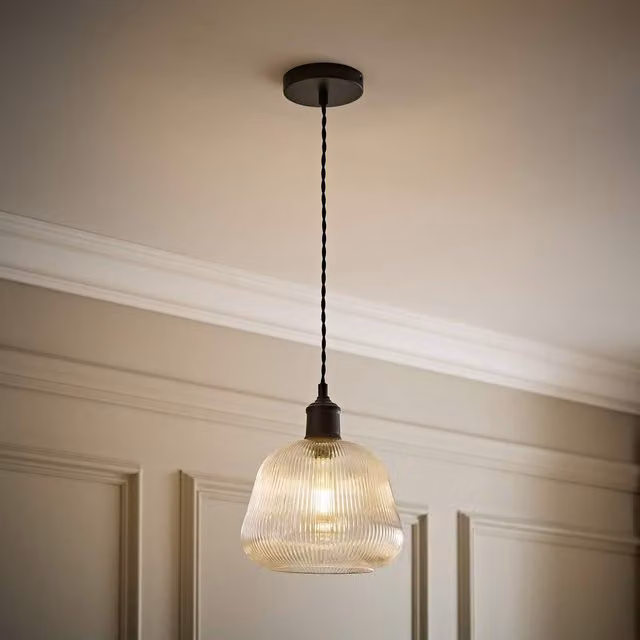 ValueLights Delora Ribbed Bell Glass Single Ceiling Pendant Light, Black, Diameter: 21 cm