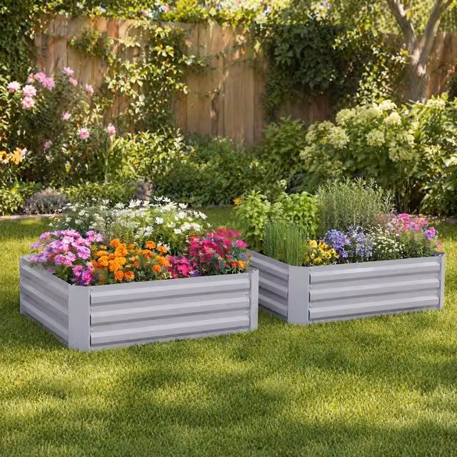 STILVORA Set of 2 Steel Raised Garden Beds in Grey, W/D/H: 100 x 100 x 30 cm – 1