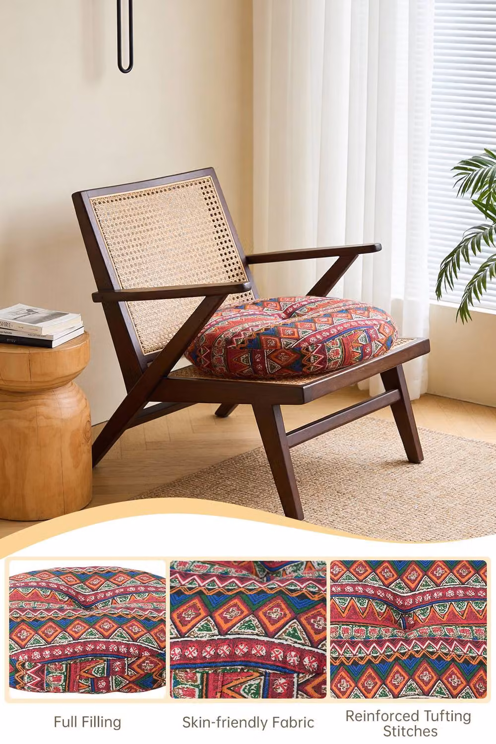 Living and Home Bohemian Style Round Linen Floor Cushion in Red with Removable Cover – 2