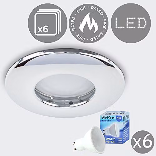 MiniSun Pack of 6 Fire Rated Polished Chrome Domed Recessed Ceiling Downlights with Warm White LED Bulbs for Bathrooms – 3