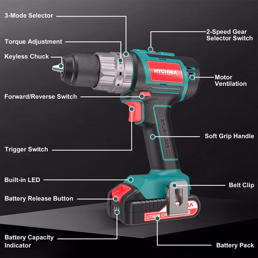 HYCHIKA 18V Brushless Cordless Drill Driver with 53 Piece Kit, 60Nm, 2 Speed, Green – 6
