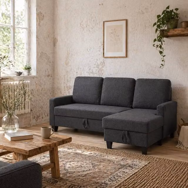 Wyld Haus Lulo 3 Seater Fabric Sofa Bed with Reversible Chaise in Charcoal Grey