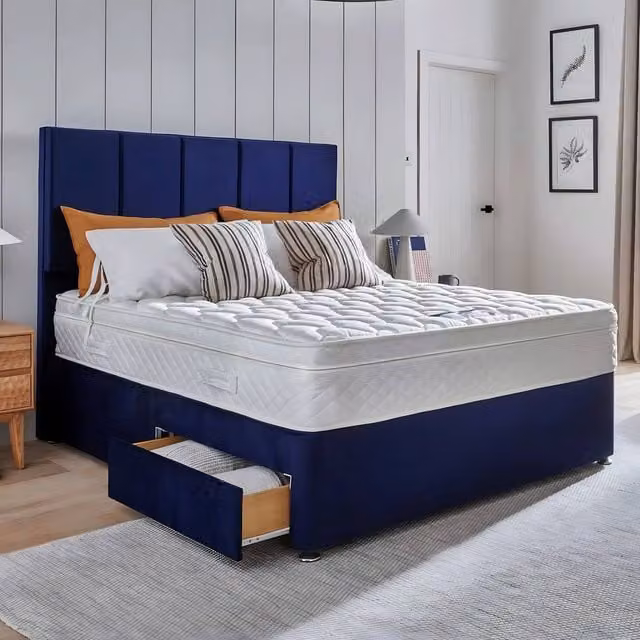 Paradise Beds Ltd Luxe Divan Bed Set with Storage Drawers, Mattress and Headboard in Blue Velvet, W/D/H: 180 x 200 cm