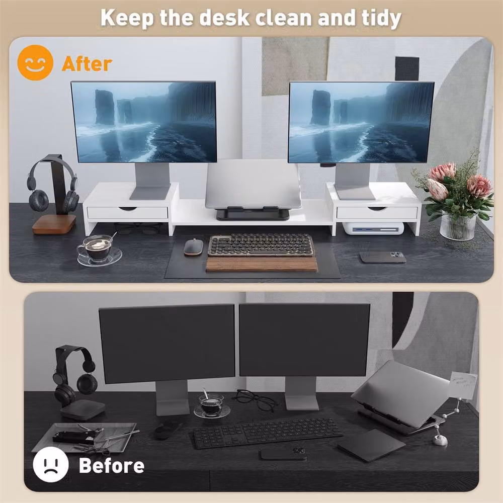 Nordara Adjustable Dual Monitor Stand Riser with 2 Storage Drawers, White, W: 100 cm, D: 60 cm – 4