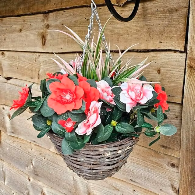 Best Artificial Pink and Red Azalea Floral Hanging Basket with Rattan Wicker Style, Diameter: 25.4 cm