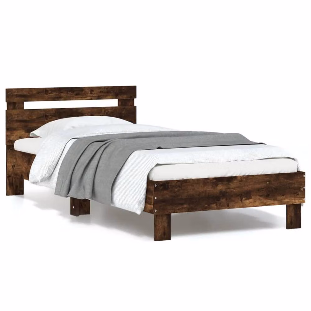 Berkfield Home Single Bed Frame with Headboard, LED Under-Bed Lighting and USB Charging Port, Smoked Oak, Brown, W/D/H: 90 x 190 cm – 2