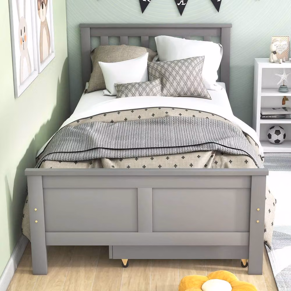 BTM Solid Pine Wood Bed Frame with Storage Drawers in Grey and White, W/D/H: 90 x 200 cm – 3