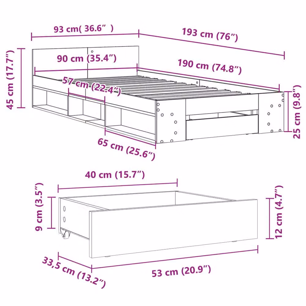Berkfield Home Single Bed Frame with Drawers, Black, W/D/H: 90 x 190 cm – 7