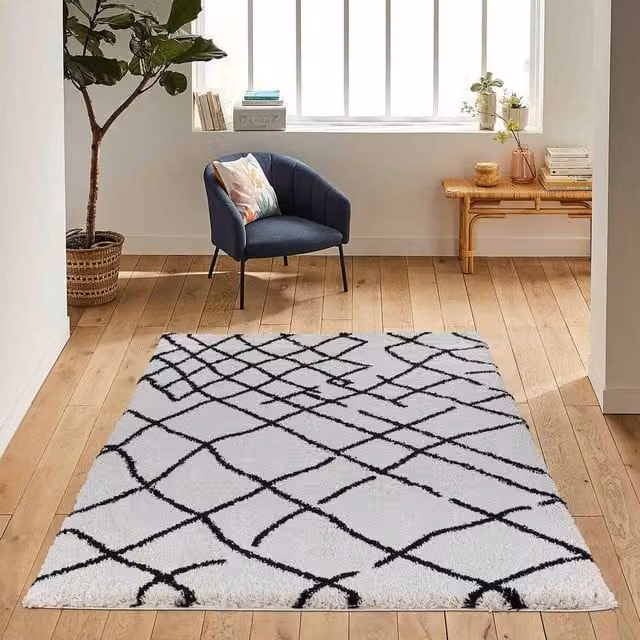 Desire Rugs Moroccan Berber Shaggy Rug with Abstract Boho Design in Beige, Yellow and White, W: 160 cm, D: 230 cm