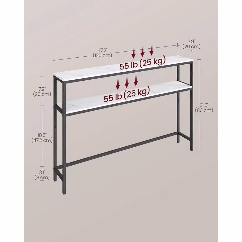 VOGREX Modern 2-Tier Marble Slim Console Table in White and Black, W/D/H: 120 x 20 x 20 cm – 2