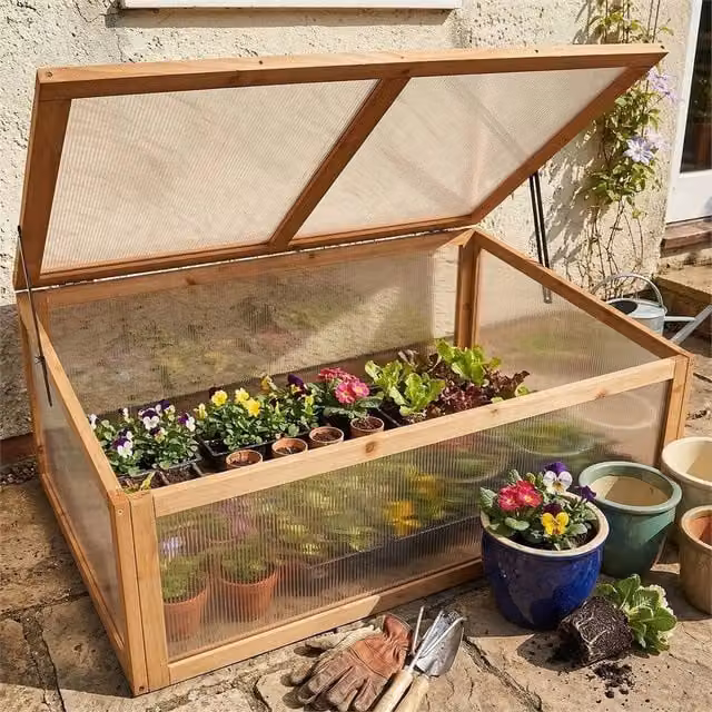 VOGREX Mini Wooden Cold Frame Greenhouse for Vegetables in Brown, W/D/H: 100 x 64 x 40 cm – 1