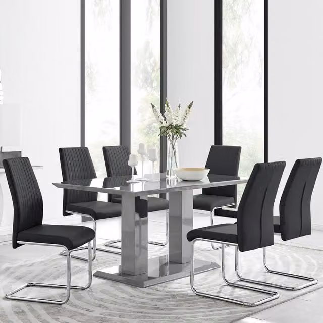 FurnitureboxUK Imperia Grey Modern High Gloss Rectangular Glass Dining Table and 6 Black Lorenzo Dining Chairs Set – 1