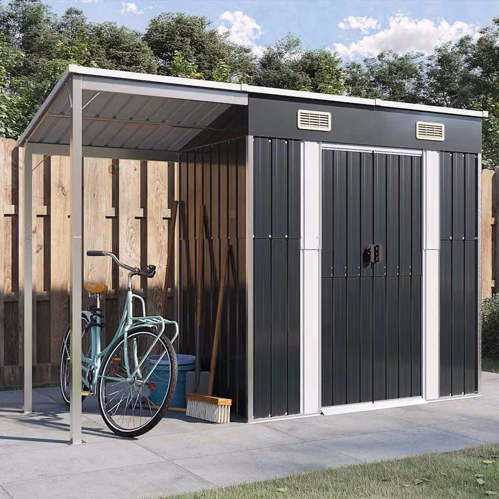Berkfield Home Garden Shed with Extended Roof in Anthracite Steel, W/D/H: 277 x 110.5 x 181 cm – 2