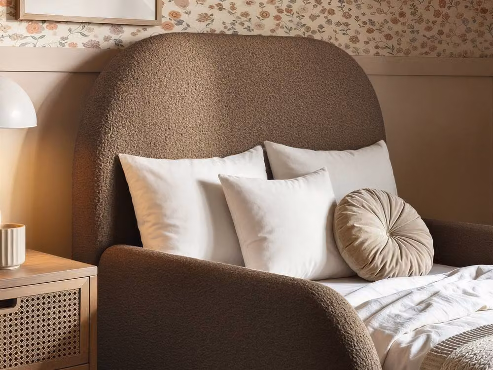 Flair Kira Modern Upholstered Single Bed in Brown Bouclé, W/D/H: 90 x 200 cm – 2