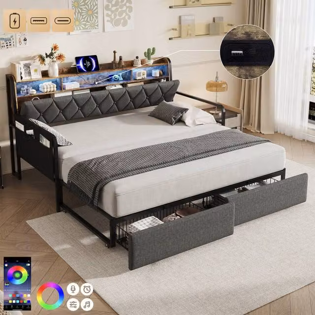 BTM Grey Upholstered Single Daybed Trundle Storage Bed Frame with LED Under-bed Lighting, USB Charging Port and Bedside Shelf, W/D/H: 190 x 90 x 110 cm – 1