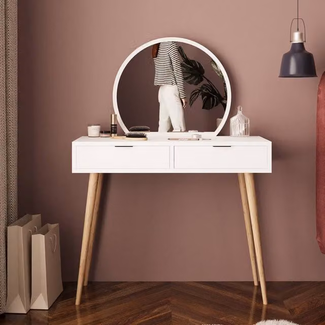 BIMOSSA Lucy Women's Vanity Dressing Table with Round Mirror and 2 Drawers, White
