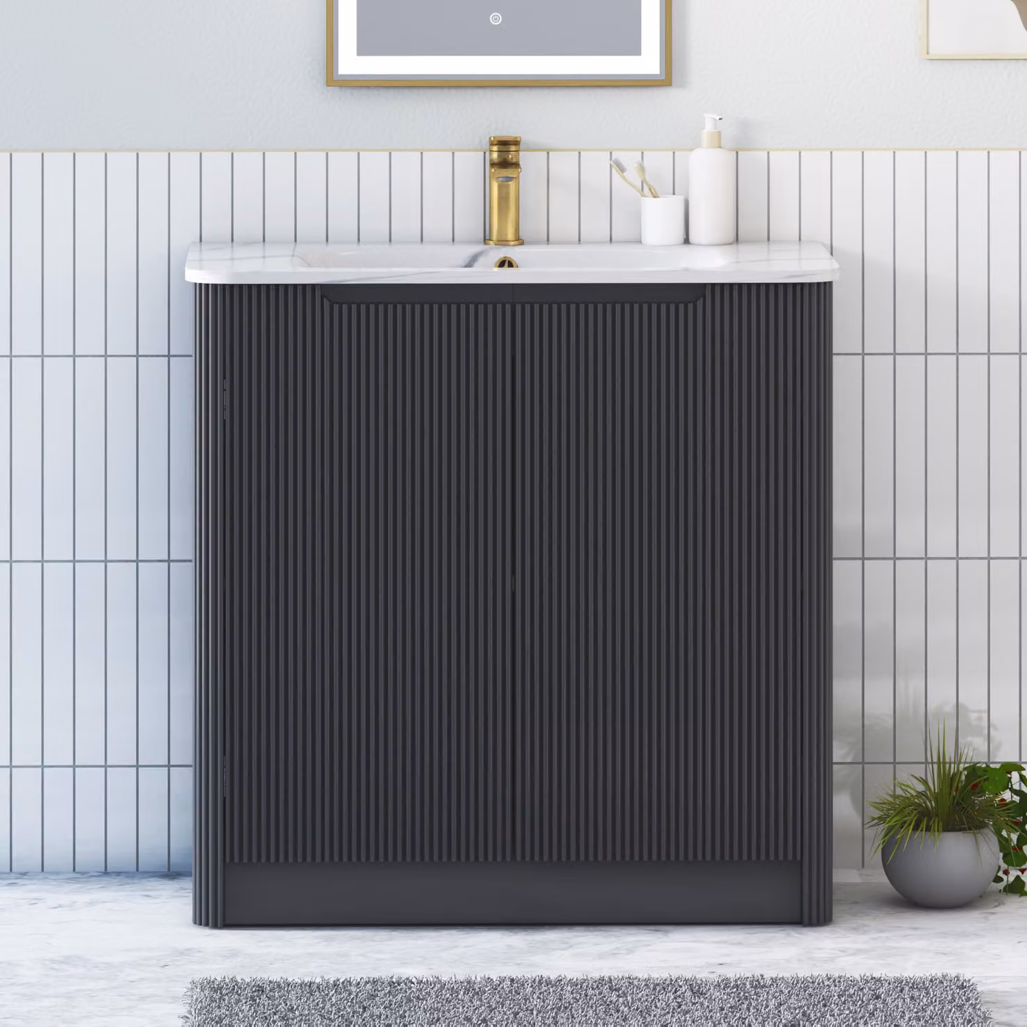 Royal Bathrooms Avenza 800mm Matt Obsidian Black Floor Standing 2 Door Vanity Unit with Carrara White Basin