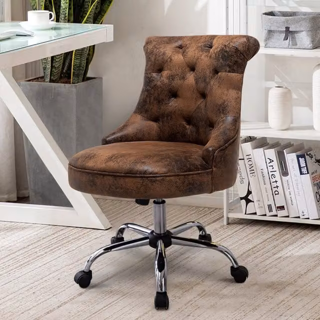 Livingandhome Brown Chesterfield PU Leather Swivel Task Chair with Castors