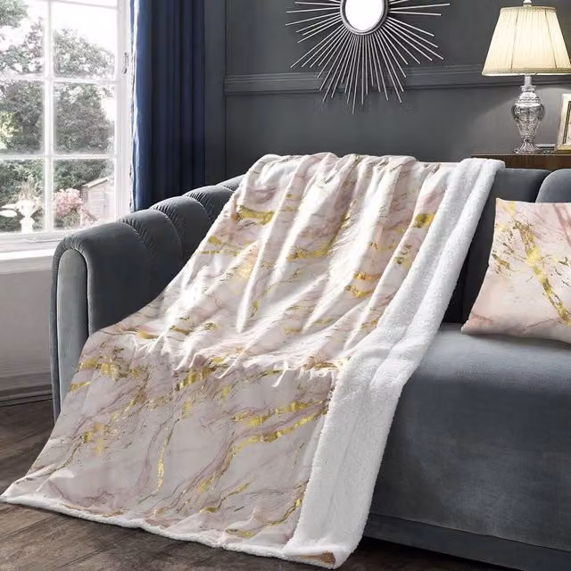 Velosso Luxury Foil Printed Marble Sherpa Backed Throw Blanket in Pink, W/D/H: 100 x 150 cm