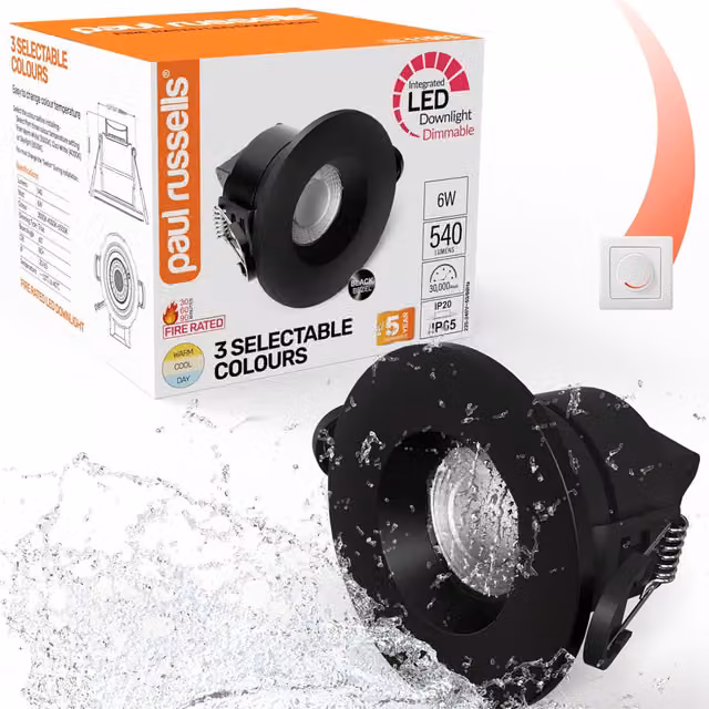 Paul Russells 6W LED Fire Rated Recessed Downlight, 540lm, IP65, Adjustable CCT, Black